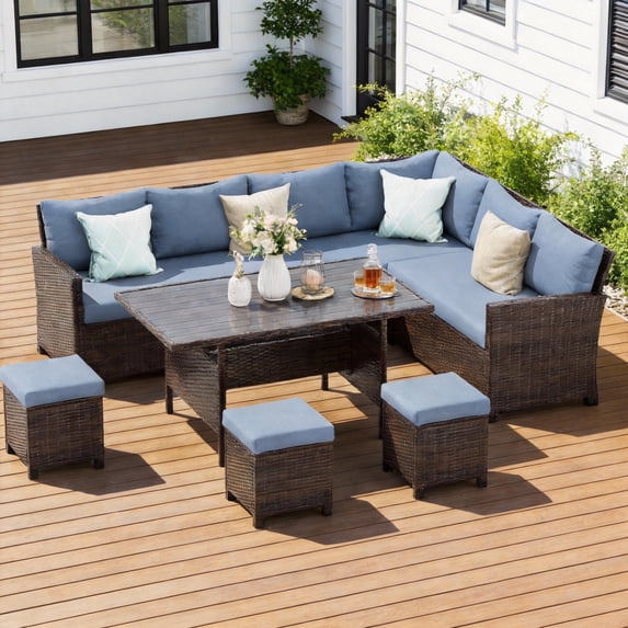 Heynemo Outdoor Patio Furniture Set, 7 Piece Outdoor Dining Sectional Sofa with Dining Table and Chair, All Weather Wicker Conversation Set with Ottoman, Blue