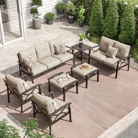 Heynemo Outdoor Patio Furniture Set, 7 Piece Patio Conversation Set with Side Table and Ottomans, Metal Furniture Set for Porch Backyard Garden, Coffee