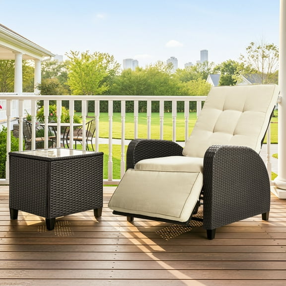 Heynemo Outdoor Rattan Recliner Lounge Chair with Backrest and Footrest, Adjustable Wicker Furniture with Storage Side Table , Weather-Resistant Patio Seating for Deck, Backyard, Pool Side