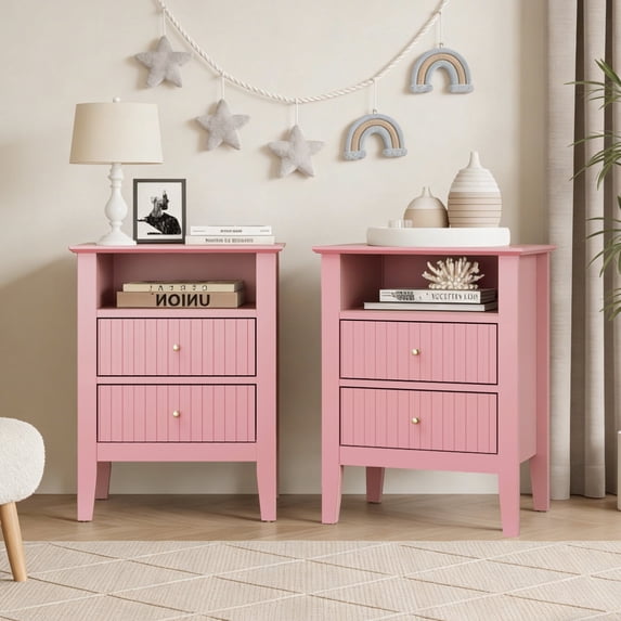 Heynemo Pink Fluted Nightstand with 2 Drawers Set of 2, Modern Wooden Sofa Table for Small Spaces, Tall End Table for Bedroom, Living Room