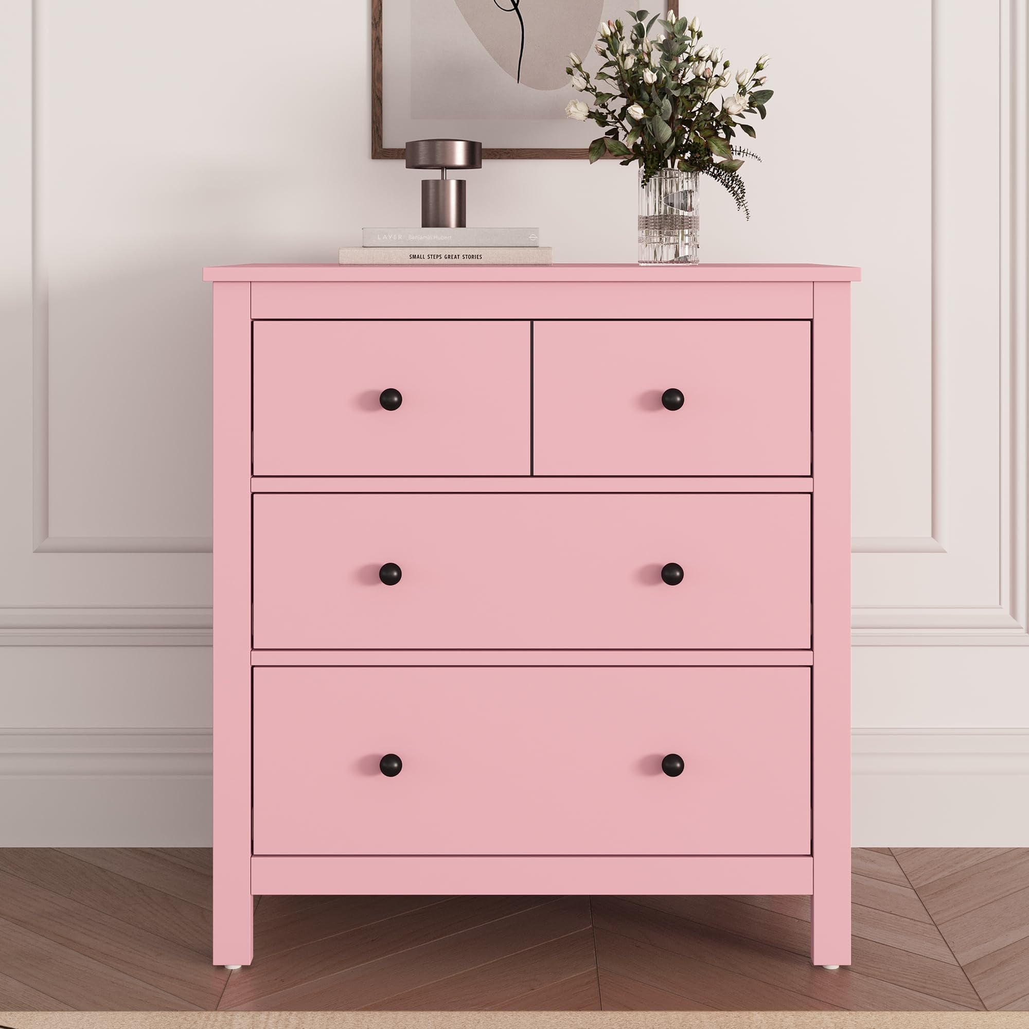 Heynemo Pink Nightstand for Bedroom, Wide Nightstand with 3 Drawer ...