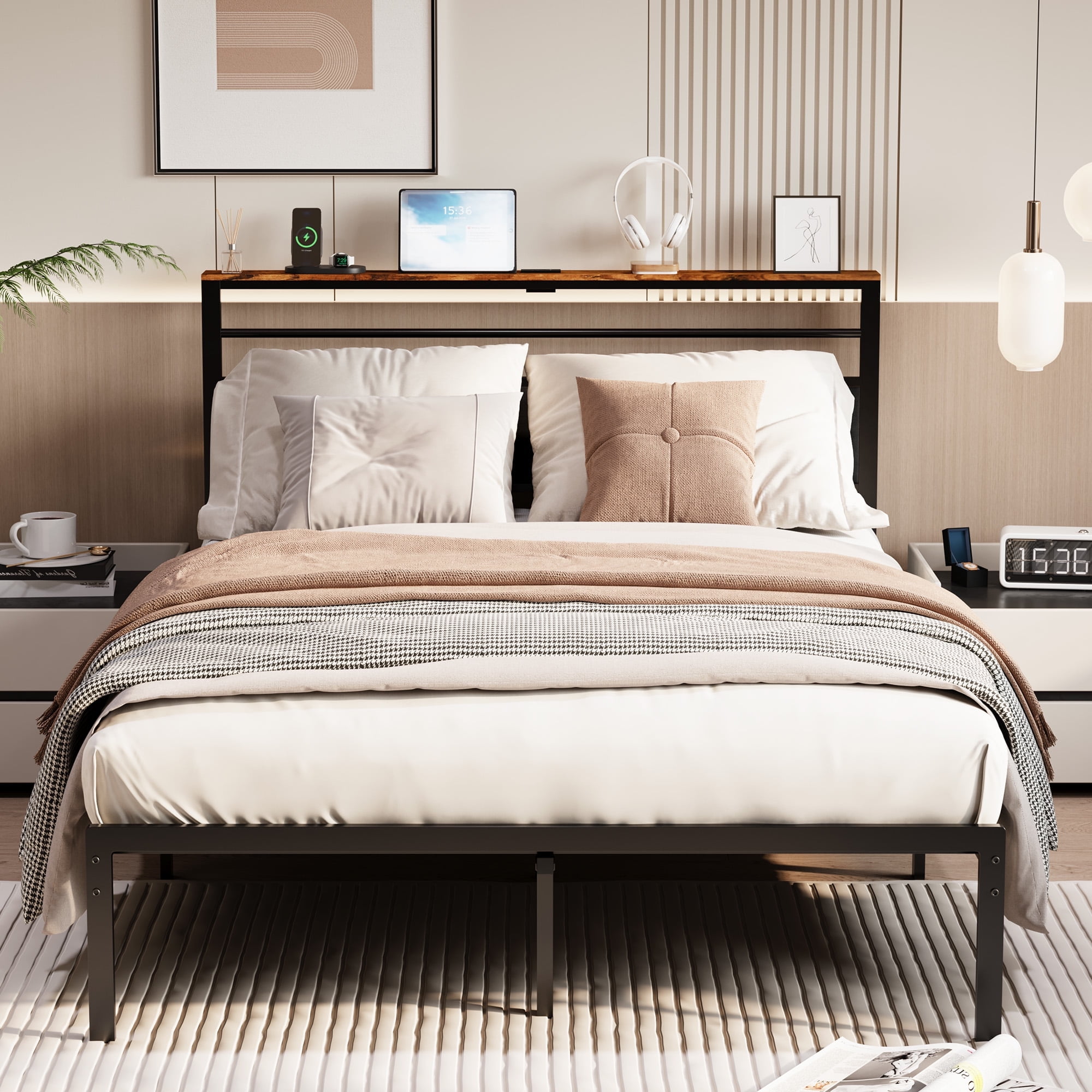 Heynemo Queen Bed Frame with Upholstered Headboard, Metal Platform Bed with USB Charging Station, Easy Assembly, No Box Spring Needed