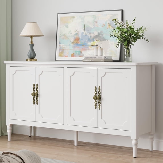 Heynemo 58" Mid Century Storage Sideboards with 4 Doors and Adjustable Shelves, Console Table for Entryway, Dining Room, Living Room, White