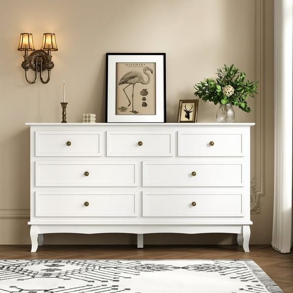 Heynemo Sideboard Buffet Cabinet with Storage, Modern Buffet 7 Drawers with Distinctive Wooden Legs & White Painted Finish, Accent Chest of Drawers TV Stand for Living Room, Hallway