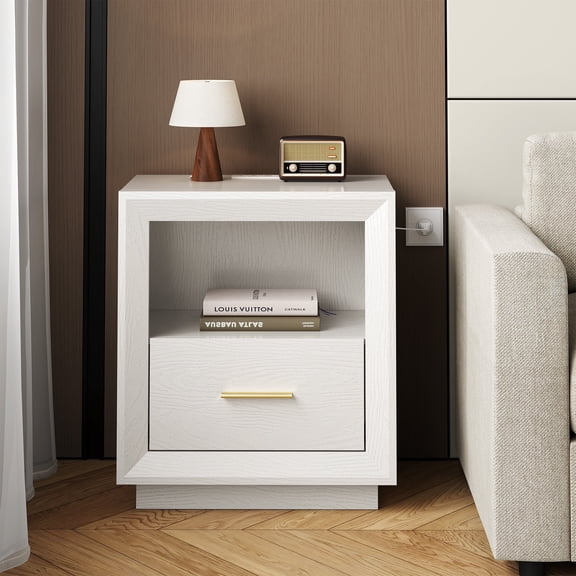 Heynemo Smart Nightstand: Charging Bedside Table with Big Storage Drawer, Dual USB-C Hub, Multi-Functional Cabinet for Modern Bedroom, Apartment, White