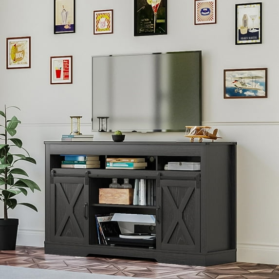 Heynemo Farmhouse TV Stand with Sliding Barn Door for TVs up to 65"+, 34" Tall Entertainment Center, Wood Media Console Storage Cabinet for Bedroom, Living Room, Black