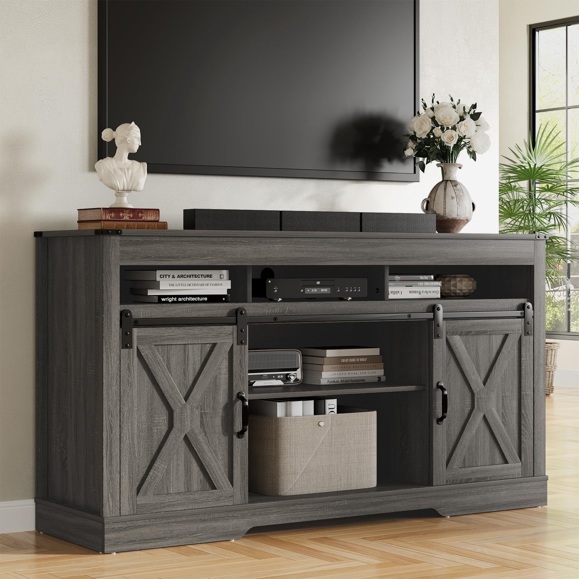 Heynemo TV Stand for 65+ Inch TV, Farmhouse 34'' Tall Entertainment Center for 23" Fireplace, Rustic TV Console with Sliding Bar Door for Living Room (Dark Grey)