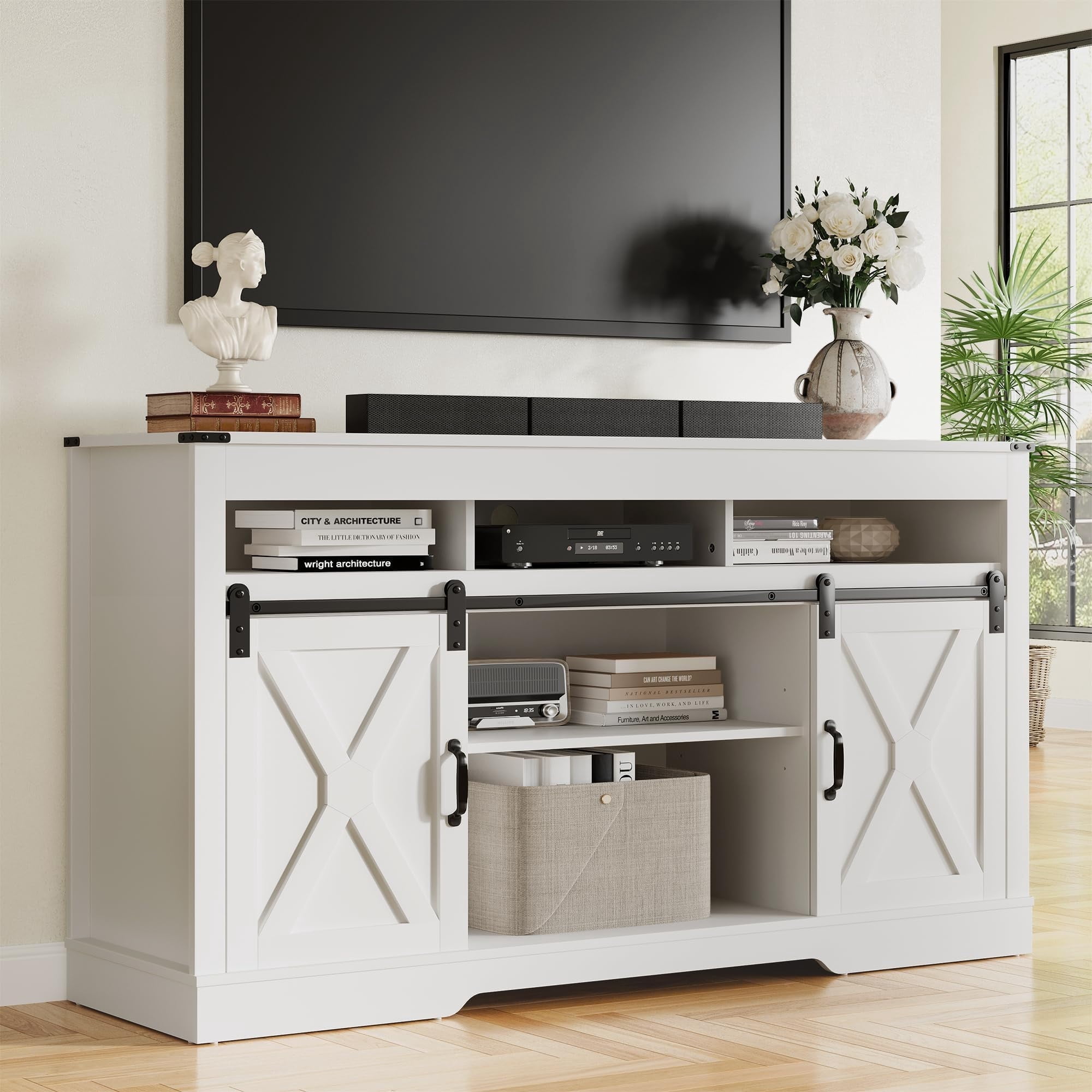 Heynemo TV Stand for 65+ Inch TV, Farmhouse 34'' Tall Entertainment Center for 23" Fireplace, Rustic TV Console with Sliding Bar Door for Living Room (White)