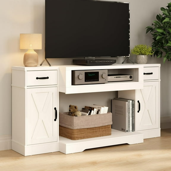 Heynemo TV Stands for TVs up to 75'', Farmhouse Media Console Table with Adjustable Shelves, Double-door Design, Entertainment Center for Living Room, Study Room, Bedroom, White