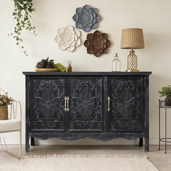 Heynemo Vintage Sideboard Buffet Cabinet with 3 Carved Doors and Adjustable Shelves, Wood Credenza for Kitchen, Dining Room, Living Room, Bedroom, Black