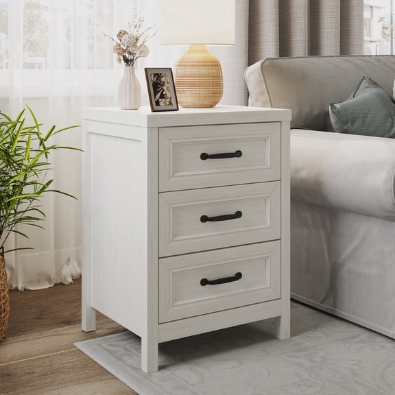 Heynemo White 3-Drawer Nightstand, Modern Wood Bedside Table & Small Accent Dresser for Bedroom, Living Room, Entryway Hallway Storage