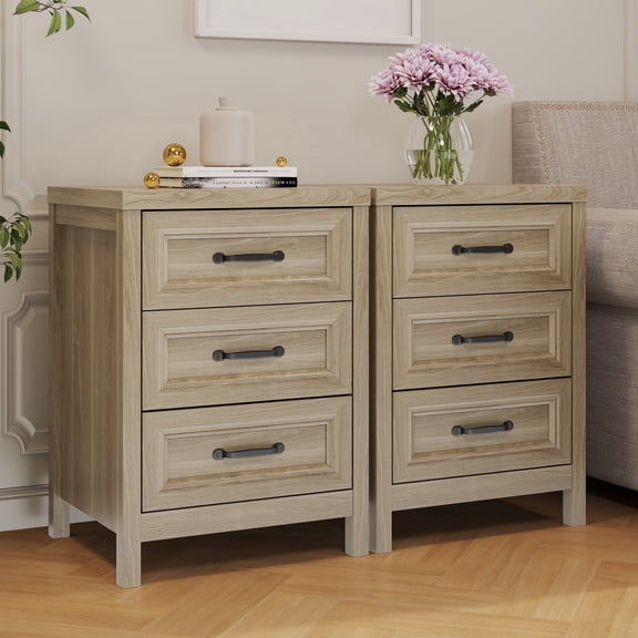 Heynemo Wide Nightstand with 3 Drawers Set of 2, Large Bedside Table for Bedroom, Living Room, Entryway, Hallway, Natural Oak