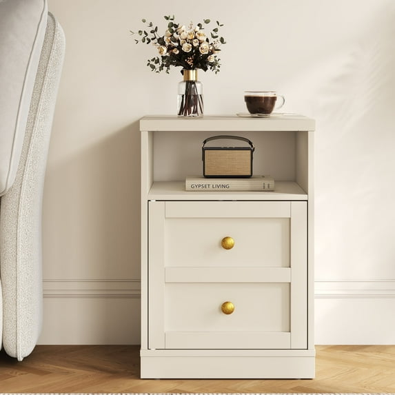 Heynemo beige Nightstand with Storage Shelf & Door, Faux Drawer Design End Table, Compact Side Table for Bedrooms, Dorm Rooms & Small Spaces, Set of 1