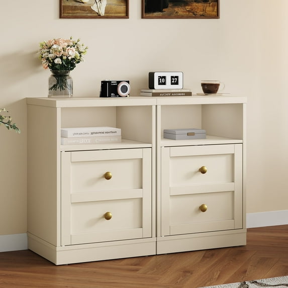 Heynemo beige Nightstand with Storage Shelf & Door, Faux Drawer Design End Table, Compact Side Table for Bedrooms, Dorm Rooms & Small Spaces, Set of 2