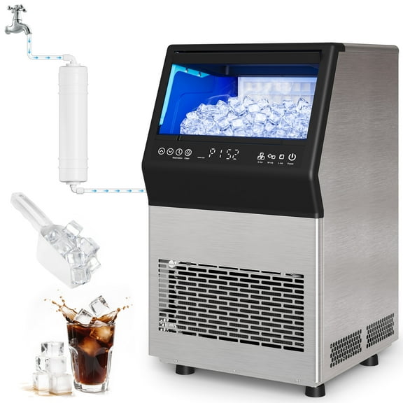 Heynemo commercial Cube Ice Maker Machine: 88-110 lbs/24H, 8-15 Minutes Fast Ice Production, Large Ice Maker with Dual Water Supply, Energy-Efficient for Home, Bar & Restaurant, Sliver