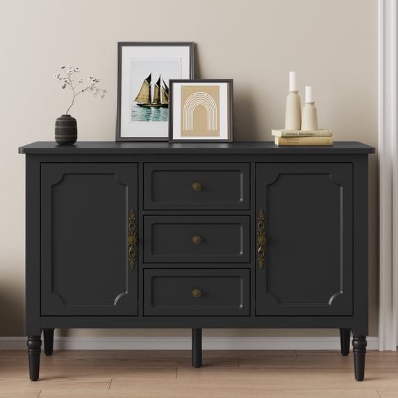 Heynemo Storage Cabinet with 2 Doors & 3 Drawers, Sideboard Cabinet with Adjustable Shelves, Ideal for Entryway, Living Room, Dining Room, Black