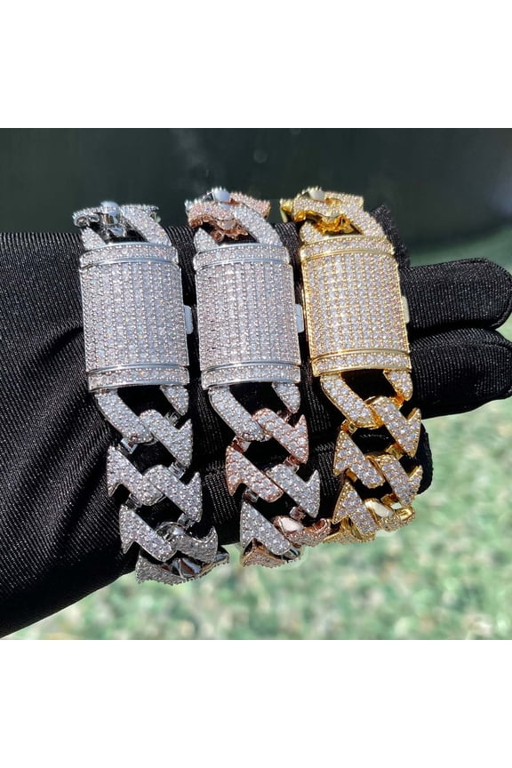 Iced Out Miami Cuban Link Bracelet for Men Prong Setting Real Gold Plated Cubic Zirconia Hip Hop Jewelry