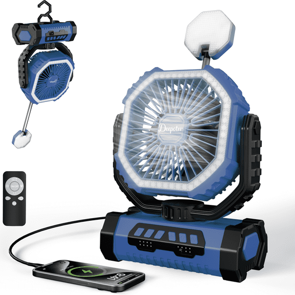 Heystop Rechargeable 3-in-1 Camping Fan with LED Light | Portable Fan for Cooling, Lighting, and Outdoor Device Charging Perfect for Camping, Hiking, and Emergencies
