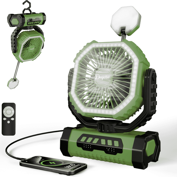 Heystop Rechargeable 3-in-1 Camping Fan with LED Light | Portable Fan for Cooling, Lighting, and Outdoor Device Charging Perfect for Camping, Hiking, and Emergencies