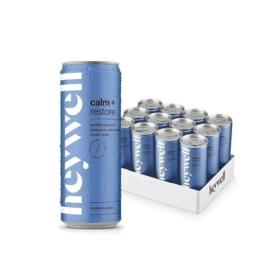 Heywell Sparkling Adaptogenic Water Calm and Restore, Blackberry Ginger , 12 oz, 12 pack Cans