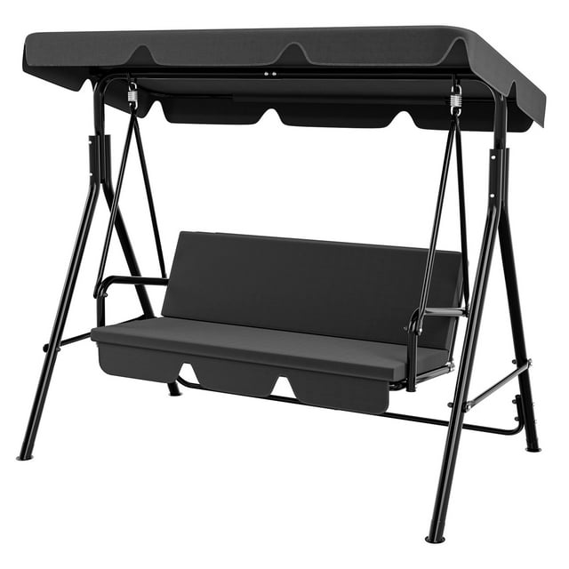 Heywoo Patio Swings Outdoor, 3-Seat Glider Porch Bench with Removable Cushion and Adjustable Shade, Swing Chairs for Garden, Poolside&Backyard, Black