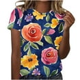 thumbnail image 1 of Hfiengba Floral Printed Shirts for Women Crew Neck Short Sleeve Blouses Summer Casual Tops Loose Fit Basic Tees (L, Multicolor 2), 1 of 5