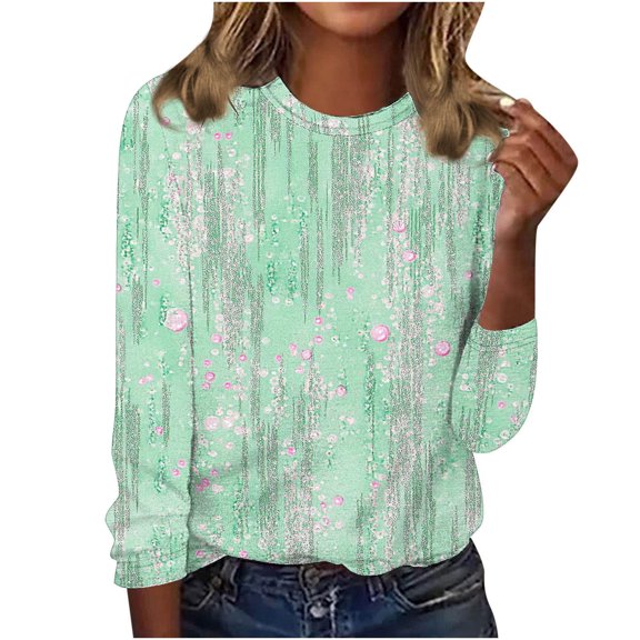 Hfiengba Long Sleeve Shirts for Women Floral Printed Crew Neck Tops Basic Tee Casual Loose Fit Clothes (L, Green)