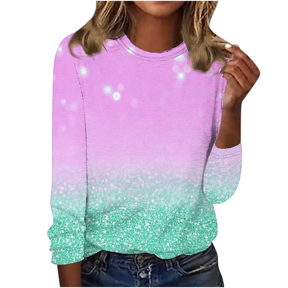 Hfiengba Long Sleeve Shirts for Women Gradient Color Crew Neck Tops Basic Tee Casual Loose Fit Clothes (XL, Hot Pink)
