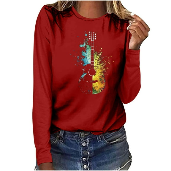 Hfiengba Women's Graphic Tee Casual Loose Fit Crew Neck Long Sleeve Shirts Fashion Printed Tops Soft Clothes (L, Red)