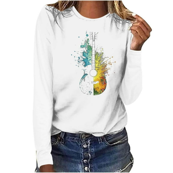 Hfiengba Women's Graphic Tee Casual Loose Fit Crew Neck Long Sleeve Shirts Fashion Printed Tops Soft Clothes (M, White)