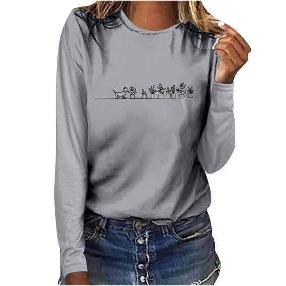Hfiengba Women's Graphic Tee Casual Loose Fit Crew Neck Long Sleeve Shirts Floral Printed Tops Soft Clothes (3XL, Gray 1)