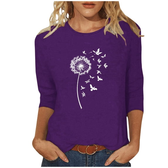 Hfiengba Women's Graphic Tee Floral Printed Crew Neck 3/4 Sleeve Shirts Casual Loose Fit Tops Soft Clothes (3XL, Purple)