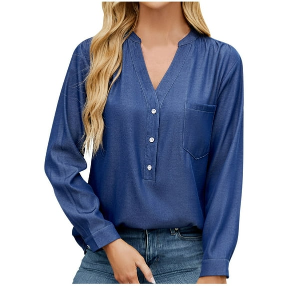 Hfiengba Women's Long Sleeve Blouses V Neck Button down Cowboy Tops Casual Loose Fit Solid Color Shirts (M, Dark Blue)