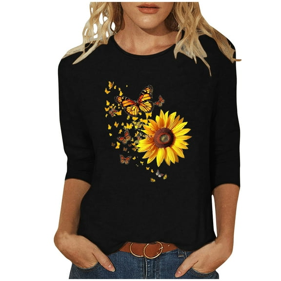 Hfiengba Women's Sunflower Graphic Tee Floral Printed Crew Neck 3/4 Sleeve Shirts Casual Loose Fit Tops (4XL, Black 1)