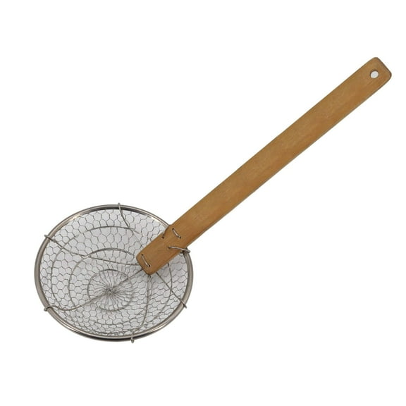Hfnggwee Bamboo Handle Stainless Steel Spider Strainer - Coarse Kitchen Skimmer for Frying, Pasta, and Cooking - Natural Wood Handle Strainer Spoon with Fine Mesh A329-320