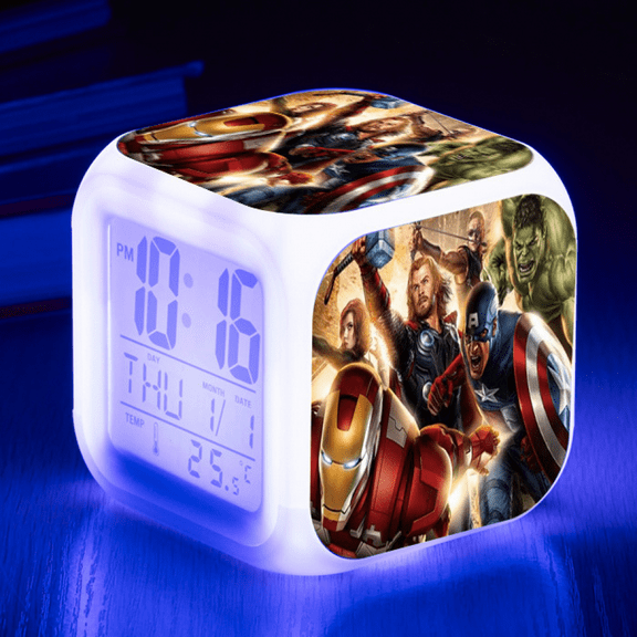 Hfnggwee Digital Alarm Clock for Kids, Cartoon Avengers Pattern 7 LED Color Changing Wake Up Clock with Thermometer Function and Night Light, Gift for Boys Girls A93-960 NZ113-803