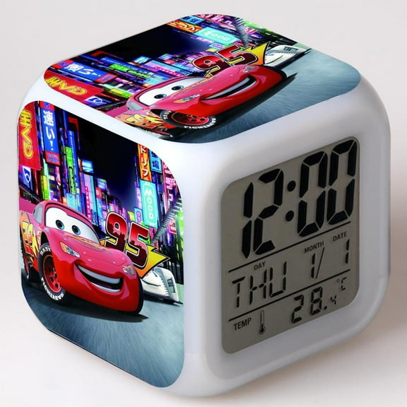 Hfnggwee Digital Alarm Clock for Kids, Cartoon Cars Pattern 7 LED Color Changing Wake Up Clock with Thermometer Function and Night Light, Gift for Boys Girls A93-1709 NZ113-493