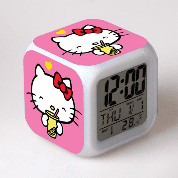 Hfnggwee Digital Alarm Clock for Kids, Cartoon Hello Kitty Pattern 7 LED Color Changing Wake Up Clock with Thermometer Function and Night Light, Gift for Boys Girls A93-457 NZ113-1353
