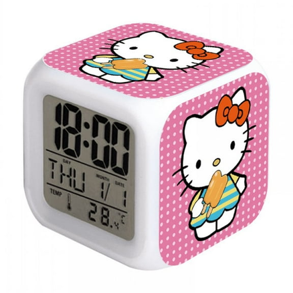 Hfnggwee Digital Alarm Clock for Kids, Cartoon Hello Kitty Pattern 7 LED Color Changing Wake Up Clock with Thermometer Function and Night Light, Gift for Boys Girls A93-480 NZ113-1376