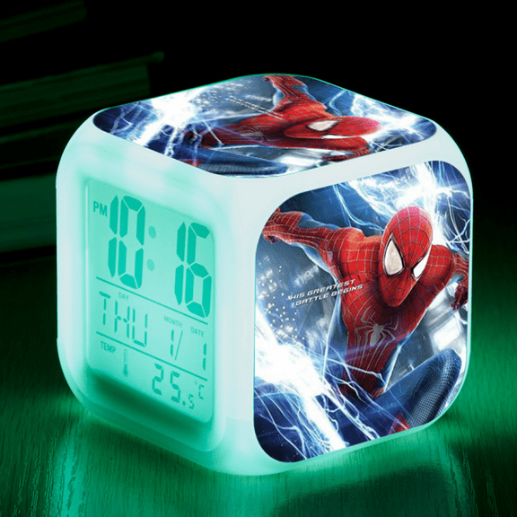 Hfnggwee Digital Alarm Clock for Kids, Cartoon Spider-Man Pattern 7 LED Color Changing Wake Up Clock with Thermometer Function and Night Light, Gift for Boys Girls A93-2219 NZ113-956