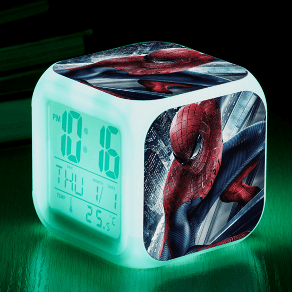 Hfnggwee Digital Alarm Clock for Kids, Cartoon Spider-Man Pattern 7 LED Color Changing Wake Up Clock with Thermometer Function and Night Light, Gift for Boys Girls A93-2231 NZ113-968