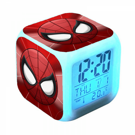 Hfnggwee Digital Alarm Clock for Kids, Cartoon Spider-Man Pattern 7 LED Color Changing Wake Up Clock with Thermometer Function and Night Light, Gift for Boys Girls A93-2260 NZ113-997