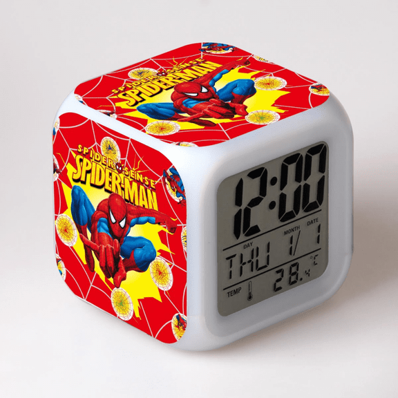 Hfnggwee Digital Alarm Clock for Kids, Cartoon Spider-Man Pattern 7 LED Color Changing Wake Up Clock with Thermometer Function and Night Light, Gift for Boys Girls A93-2272 NZ113-1009