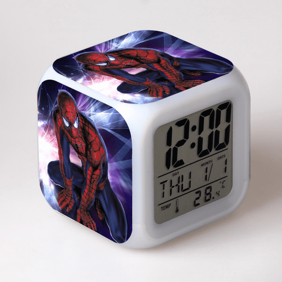 Hfnggwee Digital Alarm Clock for Kids, Cartoon Spider-Man Pattern 7 LED Color Changing Wake Up Clock with Thermometer Function and Night Light, Gift for Boys Girls A93-2275 NZ113-1012