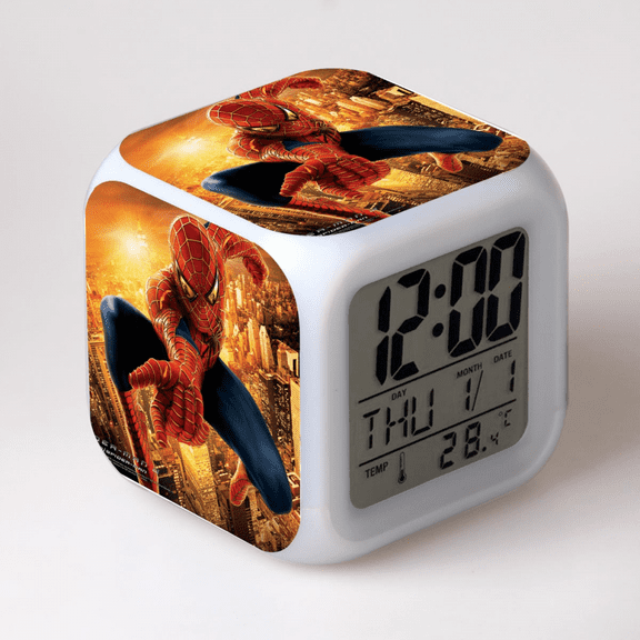 Hfnggwee Digital Alarm Clock for Kids, Cartoon Spider-Man Pattern 7 LED Color Changing Wake Up Clock with Thermometer Function and Night Light, Gift for Boys Girls A93-2281 NZ113-1018