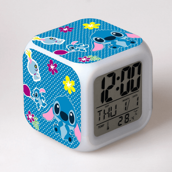 Hfnggwee Digital Alarm Clock for Kids, Cartoon Stitch Pattern 7 LED Color Changing Wake Up Clock with Thermometer Function and Night Light, Gift for Boys Girls A93-1858 NZ113-573