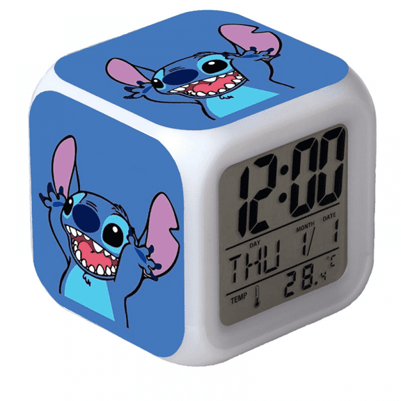 Hfnggwee Digital Alarm Clock for Kids, Cartoon Stitch Pattern 7 LED Color Changing Wake Up Clock with Thermometer Function and Night Light, Gift for Boys Girls A93-1882 NZ113-597