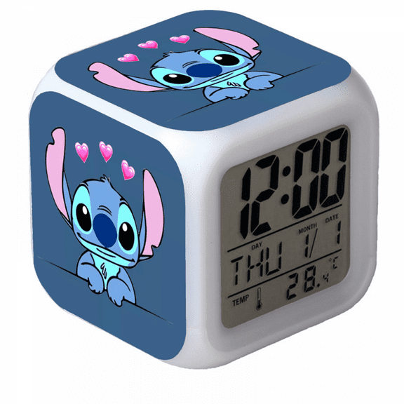 Hfnggwee Digital Alarm Clock for Kids, Cartoon Stitch Pattern 7 LED Color Changing Wake Up Clock with Thermometer Function and Night Light, Gift for Boys Girls A93-1886 NZ113-601