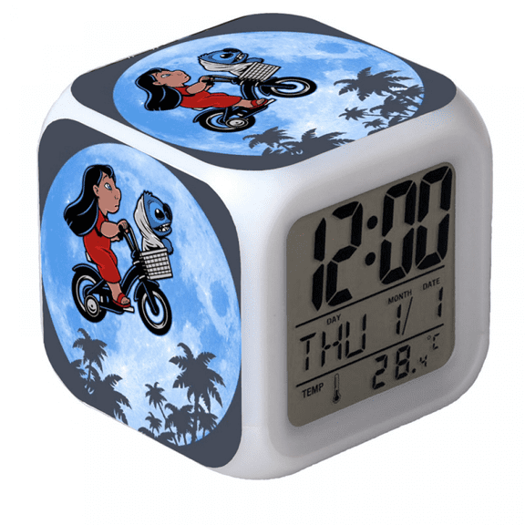 Hfnggwee Digital Alarm Clock for Kids, Cartoon Stitch Pattern 7 LED Color Changing Wake Up Clock with Thermometer Function and Night Light, Gift for Boys Girls A93-1889 NZ113-604