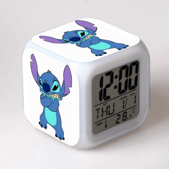 Hfnggwee Digital Alarm Clock for Kids, Cartoon Stitch Pattern 7 LED Color Changing Wake Up Clock with Thermometer Function and Night Light, Gift for Boys Girls A93-238 NZ113-258